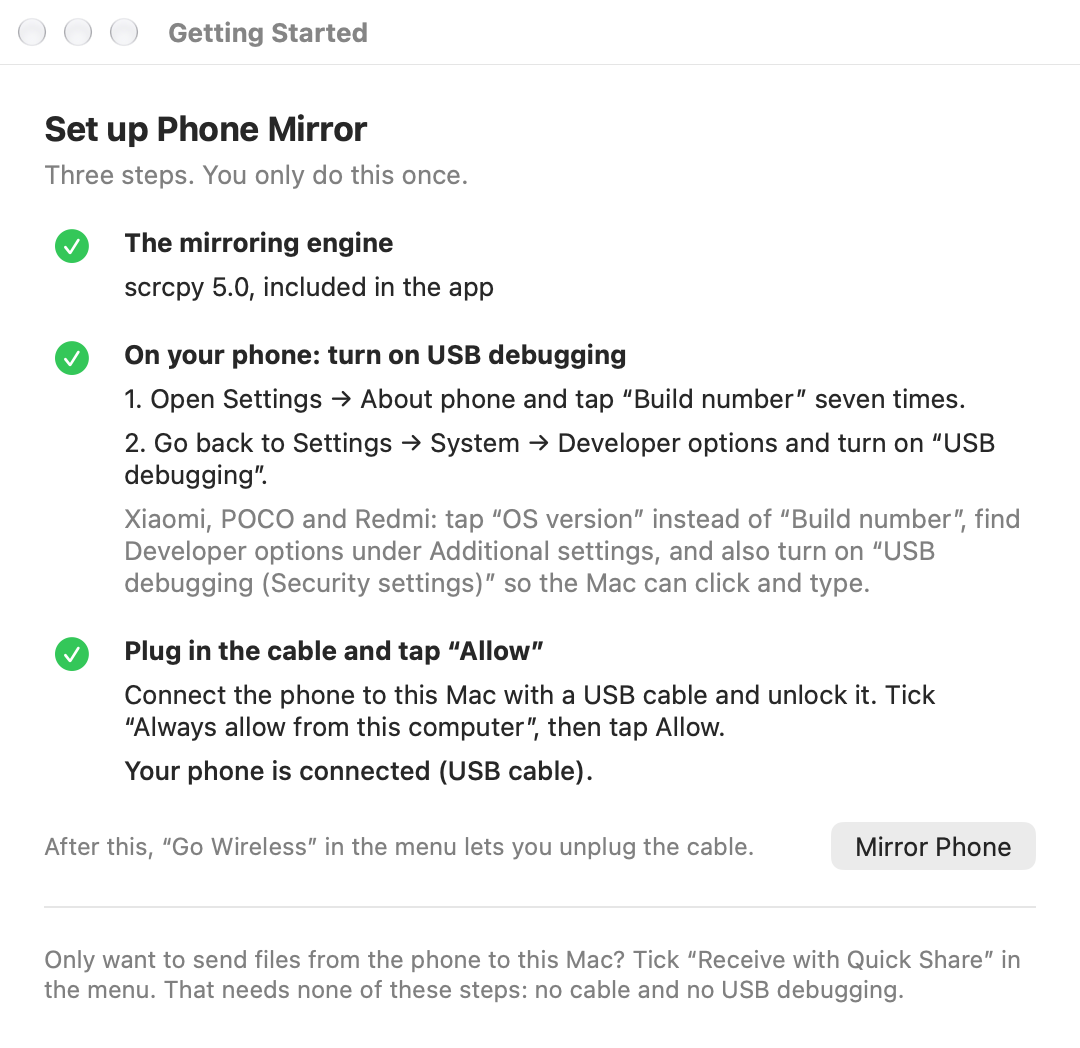 The Getting Started window in Phone Mirror with all three steps ticked.