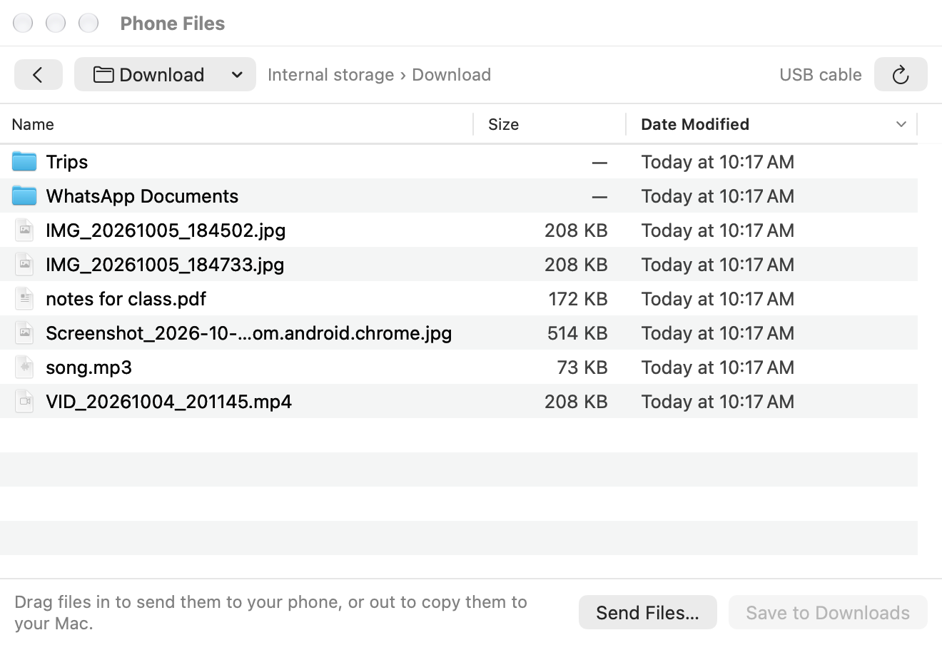 The Phone Files window listing a phone's Download folder with photos, a video, a PDF and two folders.